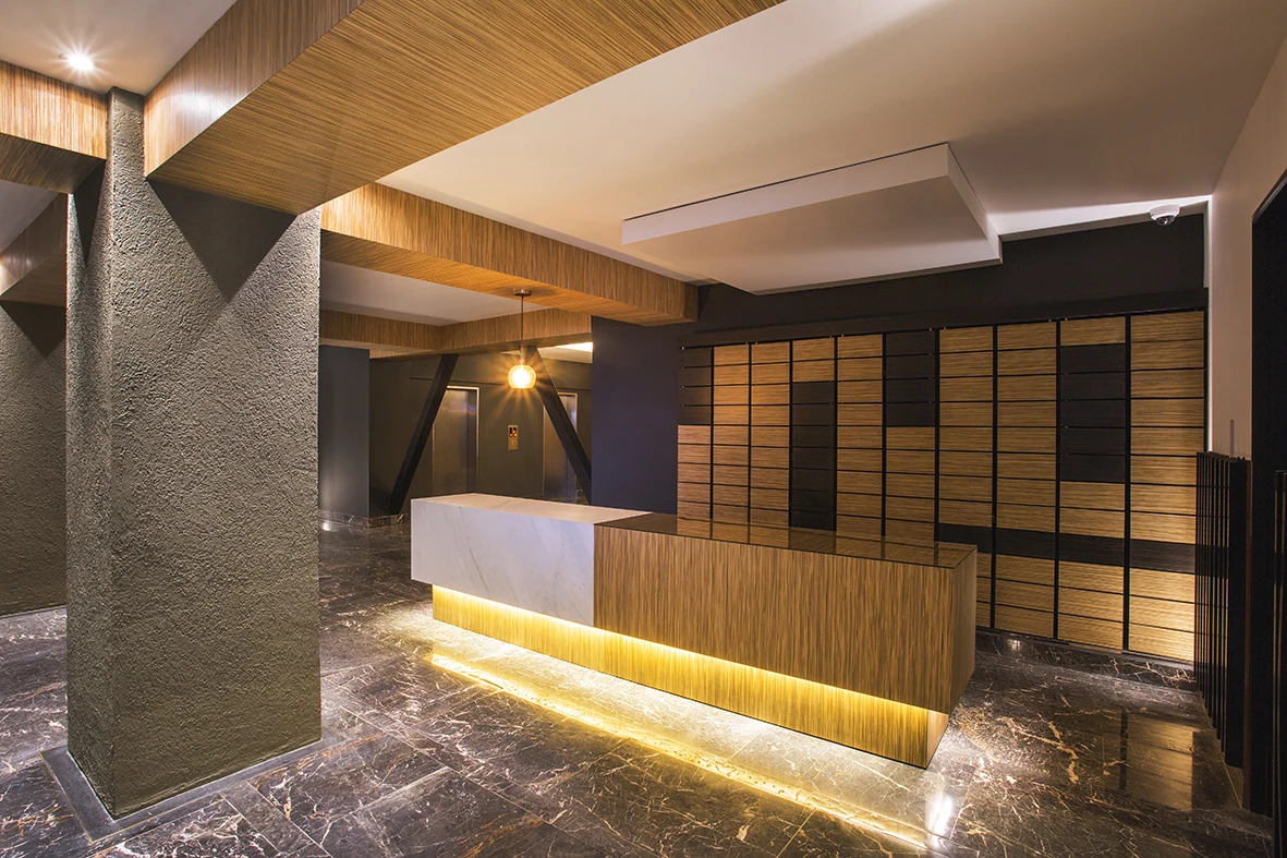 The reception and the timber pigeonhole wall