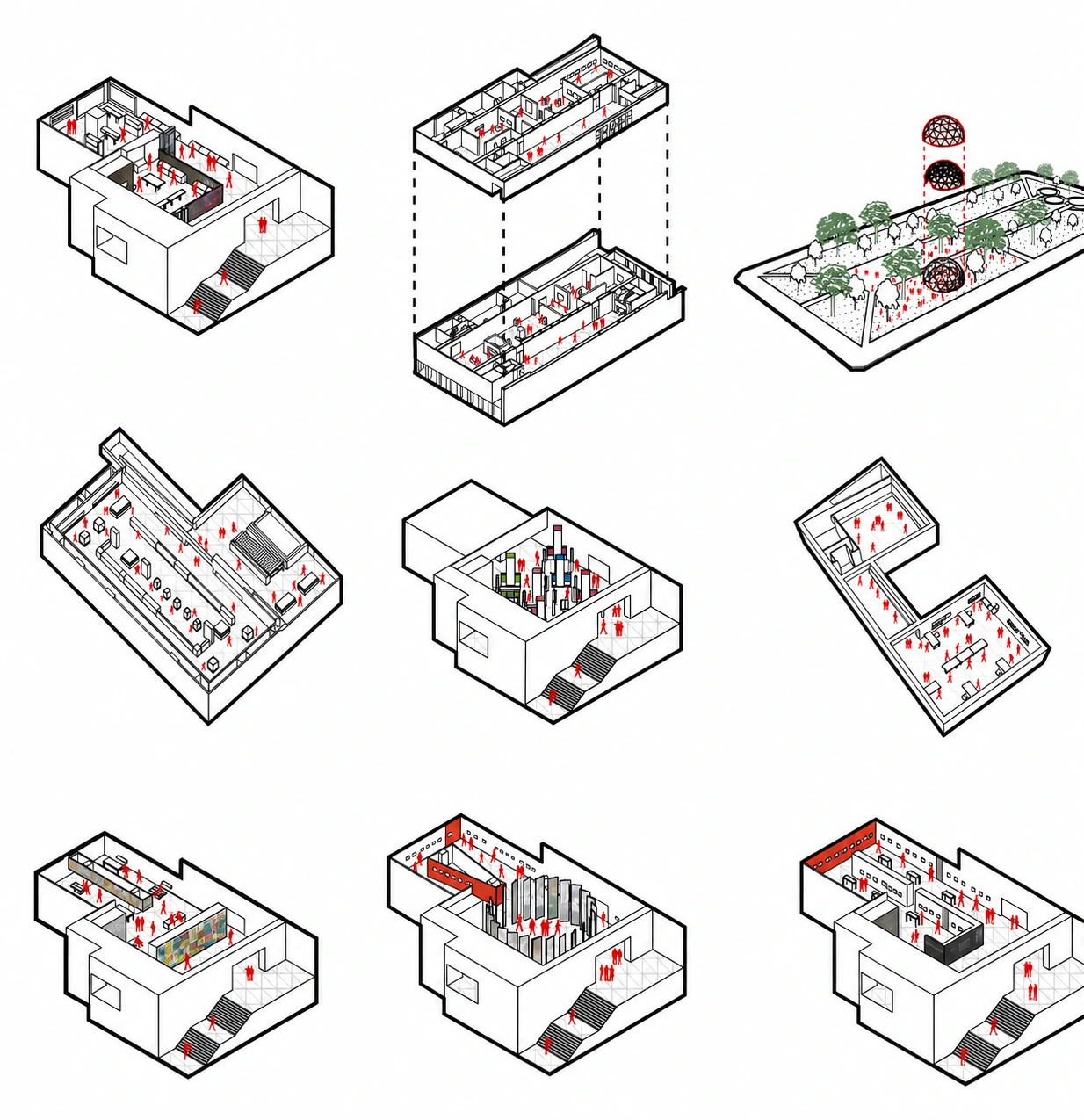 the same method across nine exhibitions: each existing room with its installation