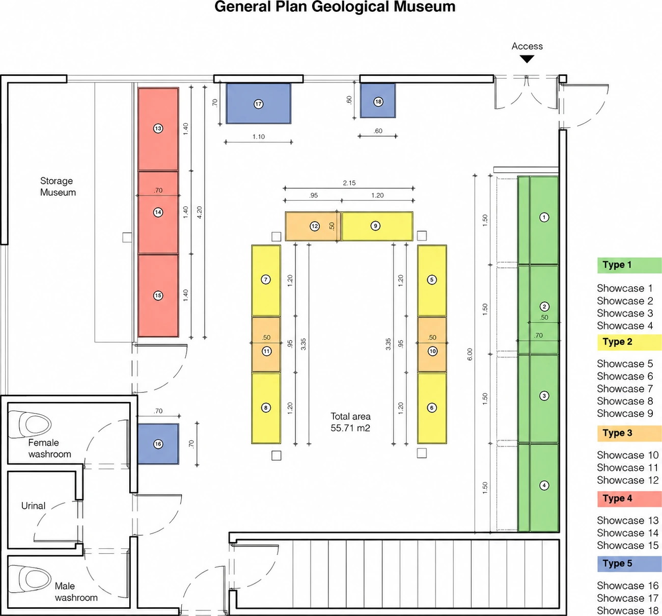 general plan: 18 cases in five types, 55.7 m² room