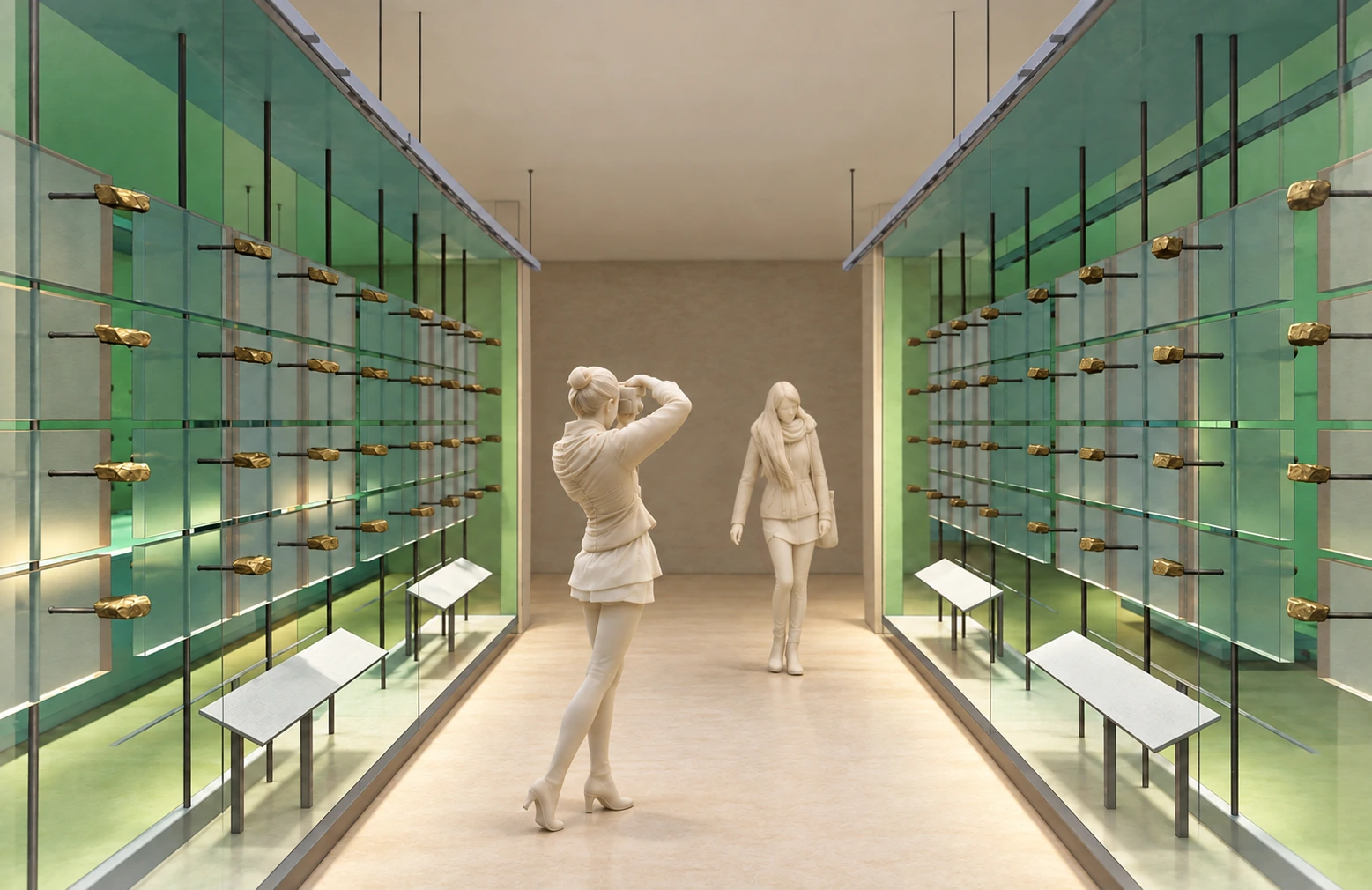 the minerals room: glass wall cases on both sides of the route — Geology museum