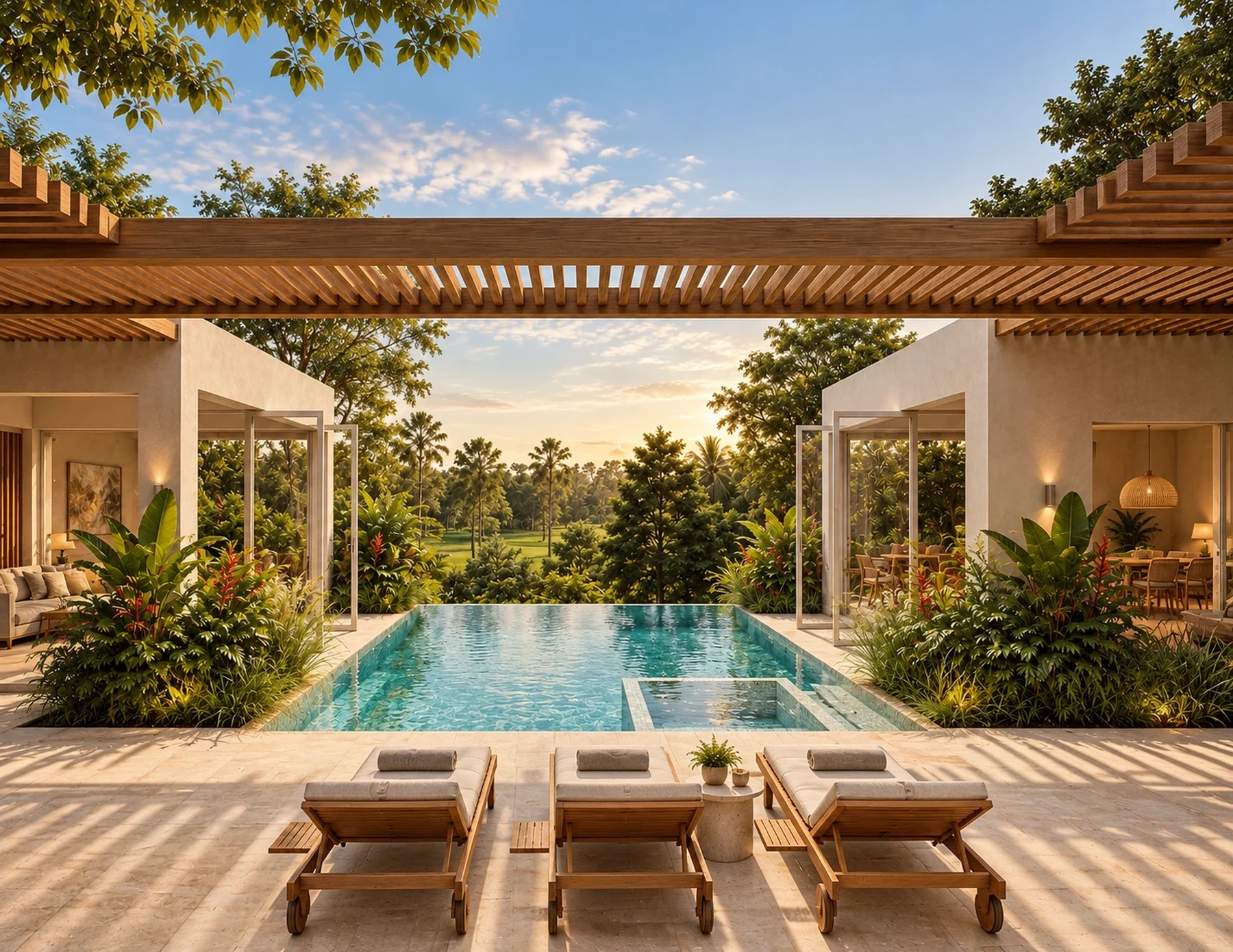 La piscina bajo la pérgola