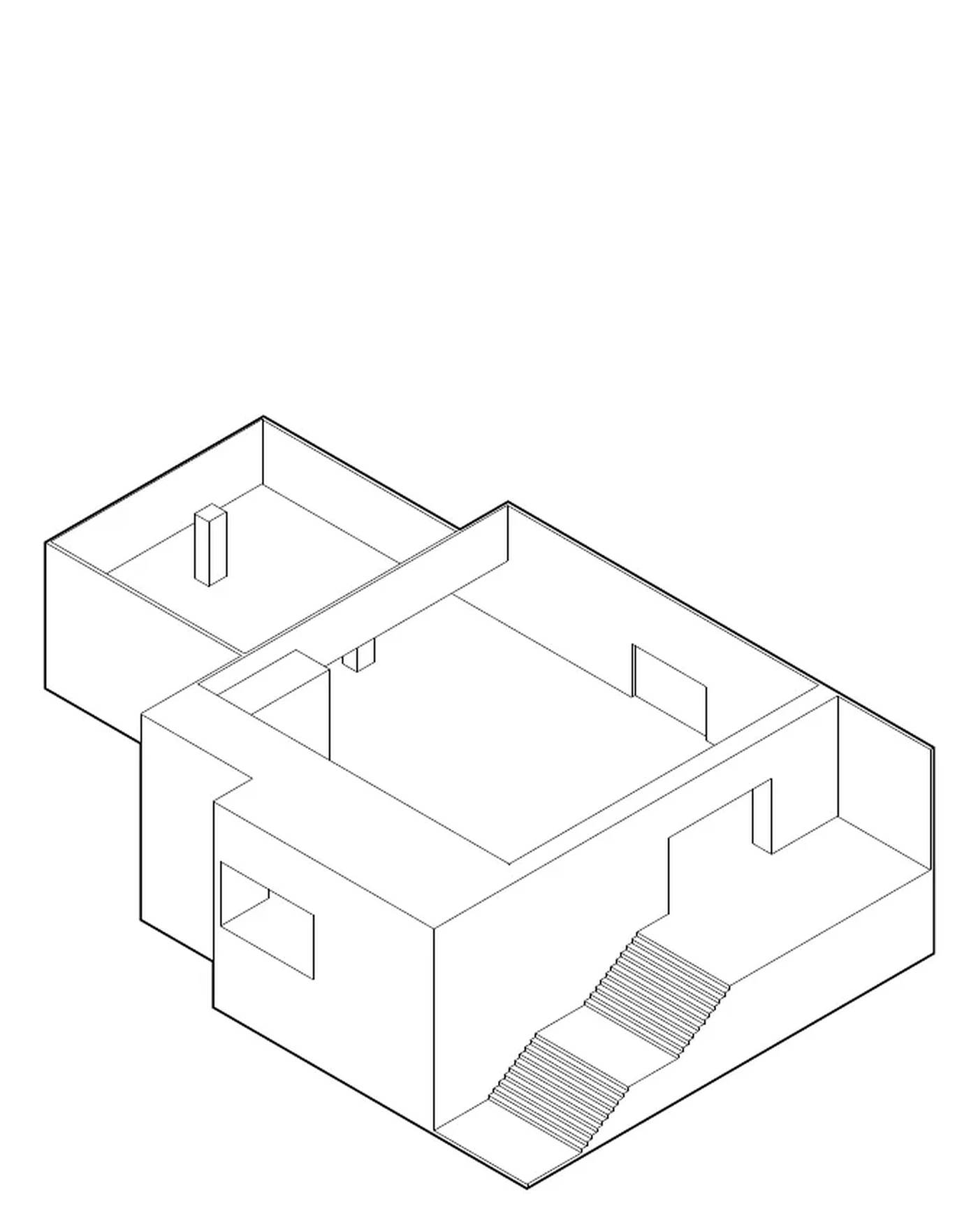 animated isometric: existing room, exploded furniture, assembled exhibition