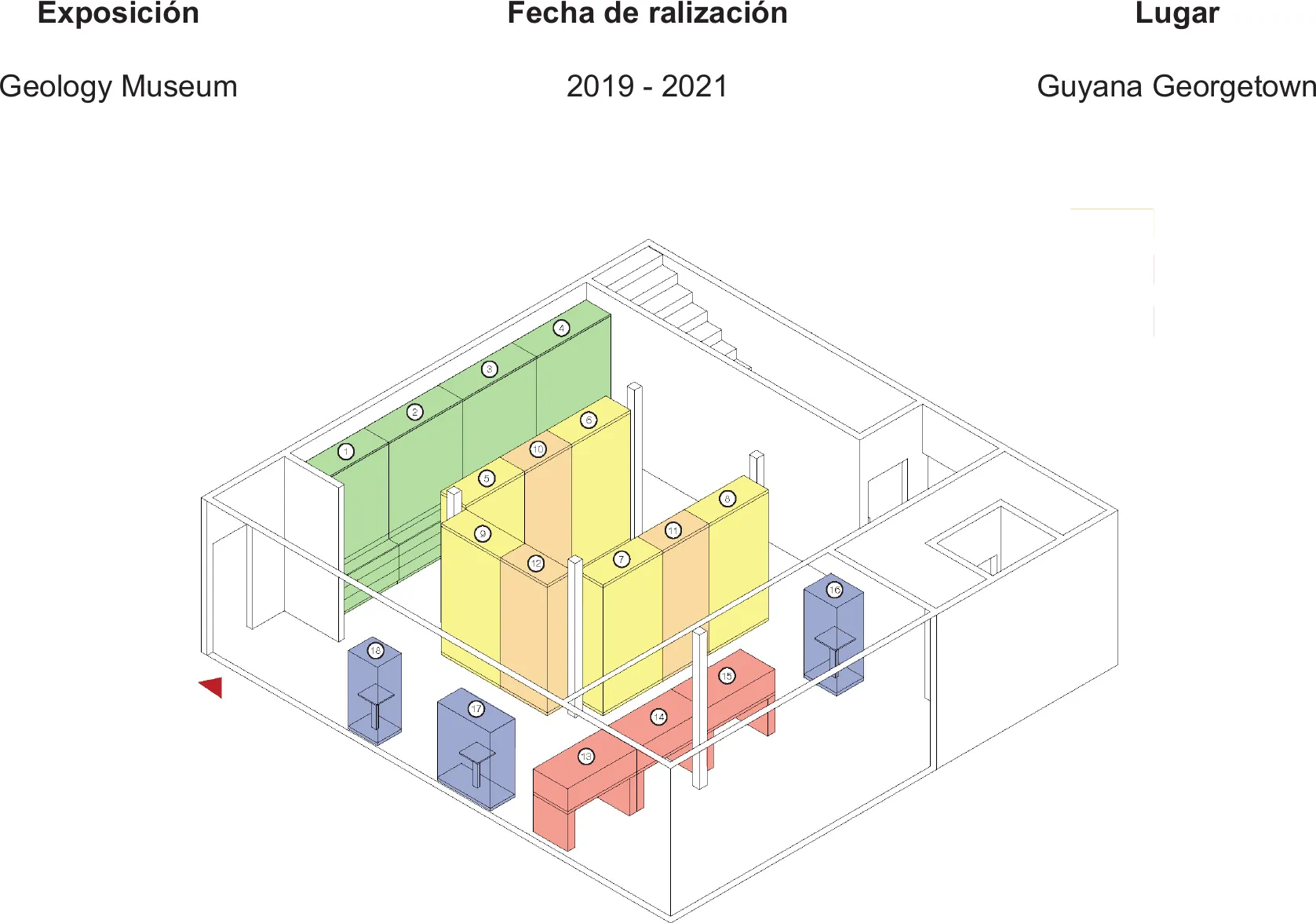 general axonometric: the five showcase types in the existing room
