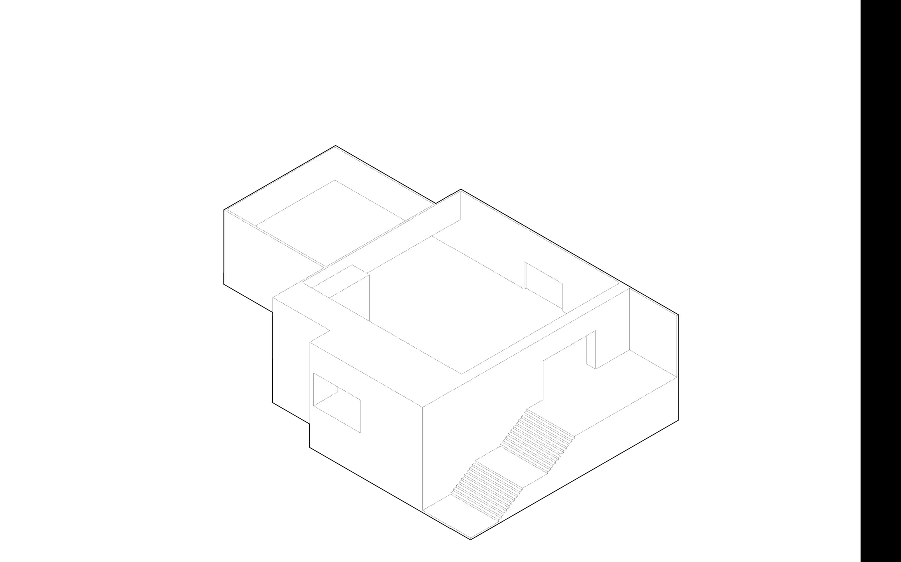 the method in one animation: empty room, exploded pieces, assembled exhibition